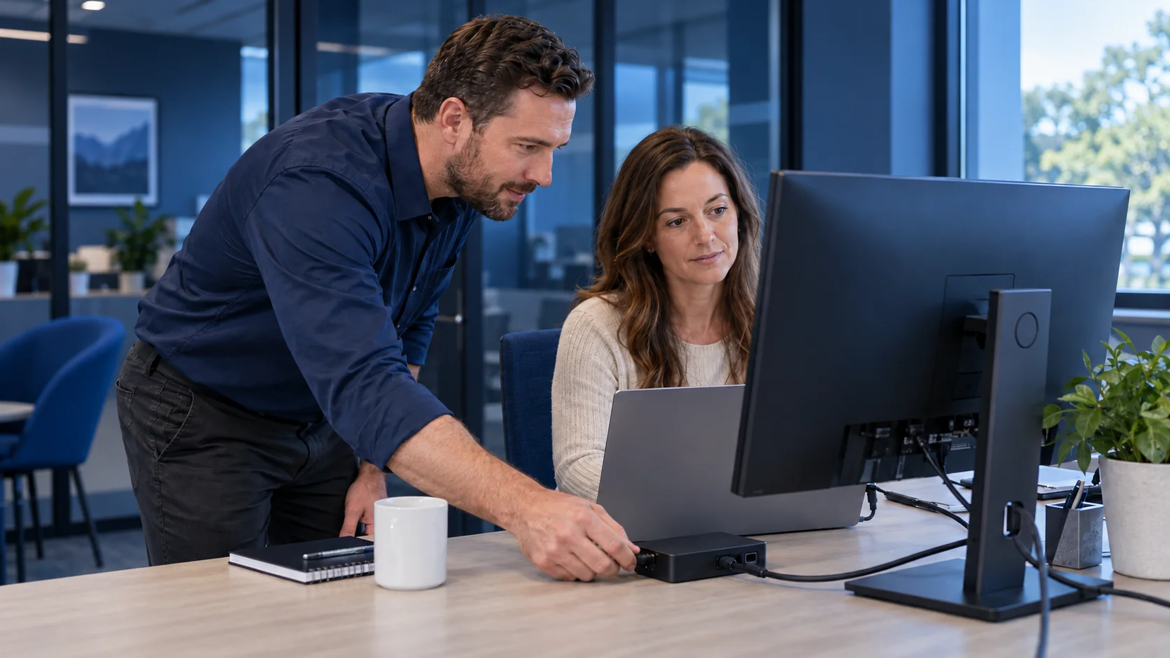 A man leans over a desk to plug a cable into a small dock while a colleague looks at a monitor, in an office with navy walls and glass partitions.