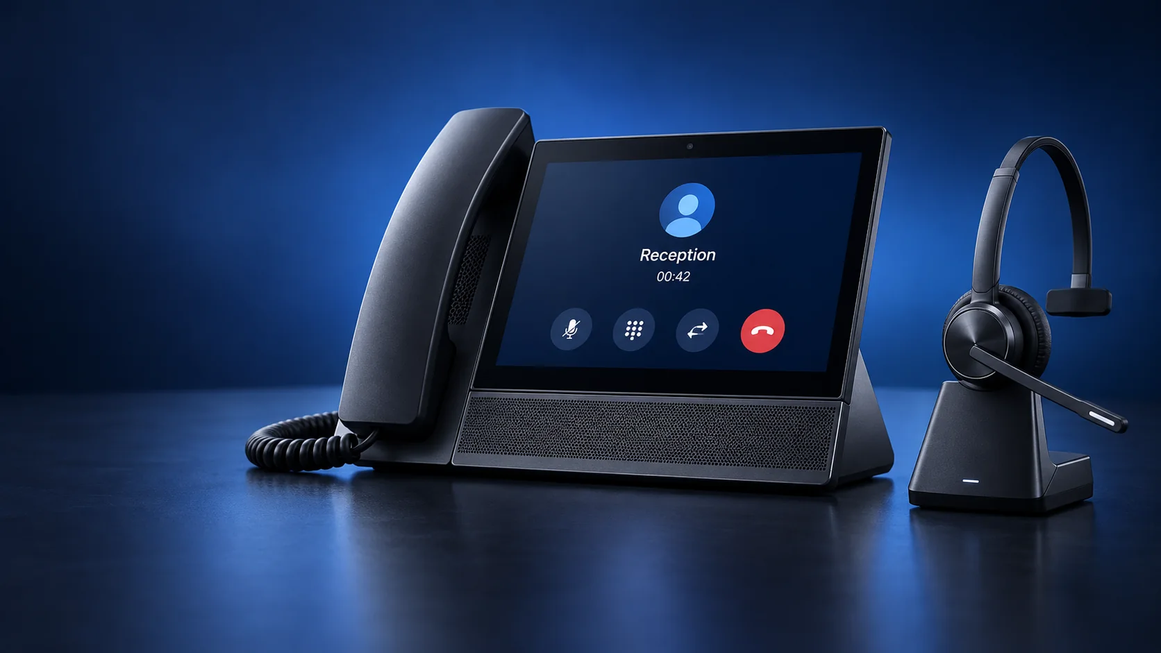 A modern touchscreen desk phone showing a call to Reception, with its handset on the left and a wireless headset on a charging stand to the right.